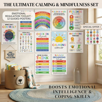 12pcs Kids Calm Corner Poster Kit | Feelings Wheel & Emotions Chart for Classroom Decor