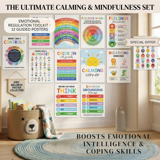 12pcs Kids Calm Corner Poster Kit | Feelings Wheel & Emotions Chart for Classroom Decor