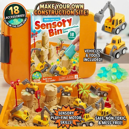 Construction Sensory Bin for Toddlers with Glow in The Dark Stones