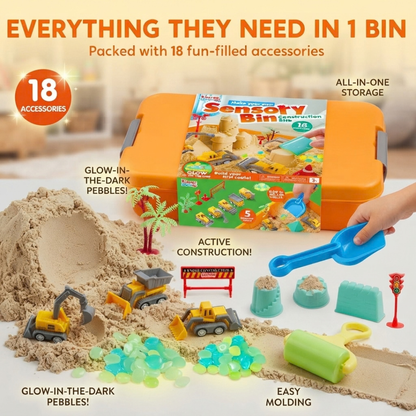Construction Sensory Bin for Toddlers with Glow in The Dark Stones